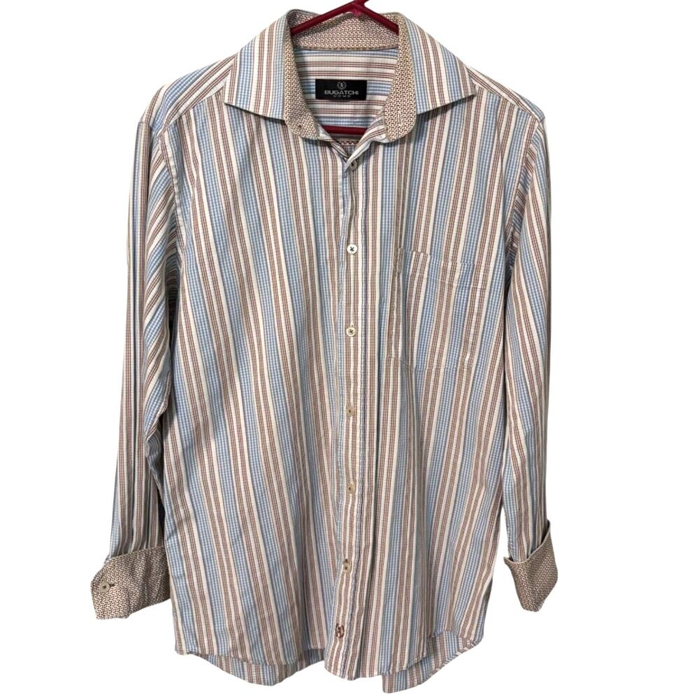Bugatchi Uomo Striped Button Down Shirt Size M Blue Brown Long Sleeve Luxury